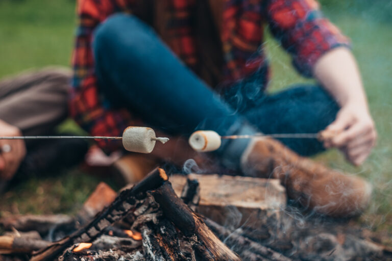Woman in a blur while holding a marshmallow above the camping fi